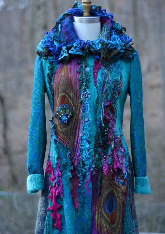 Peacock long sweater COAT eco Fantasy fashion in size by amberstudios ...