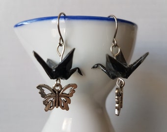 Origami earrings black paper crane with silver charms eco-friendly jewelry