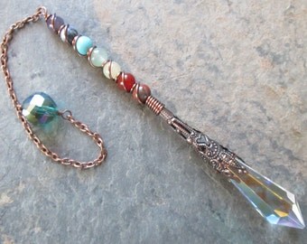 7 Chakra Pendulum - Chakra Gemstones with Aurora Borealis Crystal base - Reiki, Meditation, Chakra healing