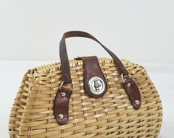 60s Mid Century Purse, Woven Wicker with Leather Handles, Mod Rattan Handbag, Retro Vintage Basket Purse