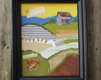 Recycled Art, Farm Fields Hand Torn Paper Collage, Framed Abstract Landscape Wall Art, Farm Haiku, Farmhouse Decor