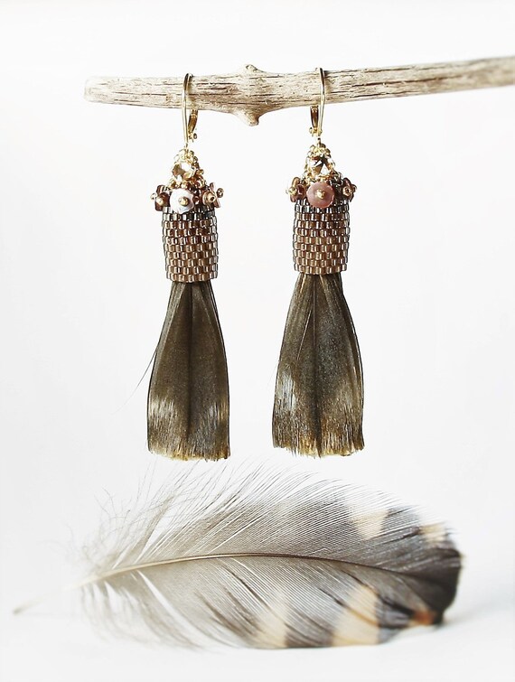 Beaded Feather and Glass Seed Bead Tassel Earrings with Brown