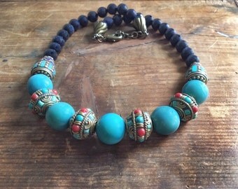 Turquoise Tagua Nut Beads, Tibetan Brass Beads, Statement Necklace, Tagua Nut Necklace, Tagua Nut Jewelry, Unique Necklace