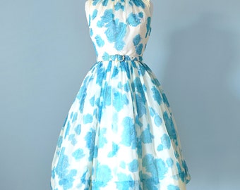 1950s Party Dress...JR. THEME Blue and Ivory Floral Chiffon Party Dress