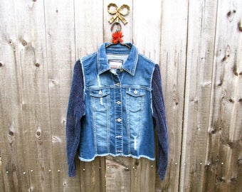 Upcycled Denim Jacket Upcycled Jean Jacket Distressed Jacket Upcycled Jacket Distressed Denim Blue Jacket Upcyclred Clothes Upcycled Sweater