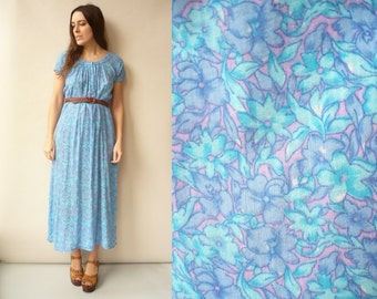1980's Vintage Indian Cotton Gauze Hippie Caftan Festival Folk Maxi Dress