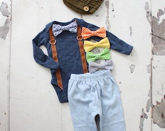 Newborn Baby Boy Coming Home Outfit Set up to 3 Items. Suspender Bow Tie Bodysuit, Pants, Leg Warmers & Knit Newsboy Hat Easter Steele Slate