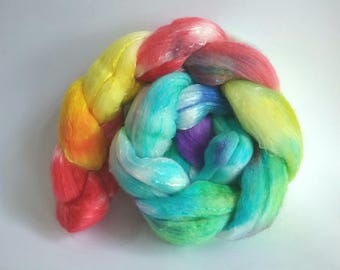 Rainbow Explosion Organically farmed Merino/Mulberry Silk combed tops for spinning