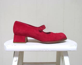 Vintage 1990s Shoes / 90s Charles Jourdan Red Suede Mary Janes / Size 6 US