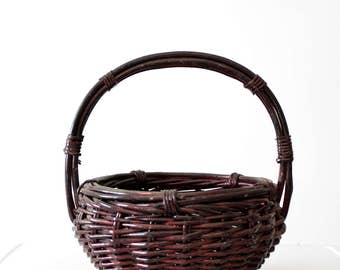 vintage handle basket, burgundy gathering basket,