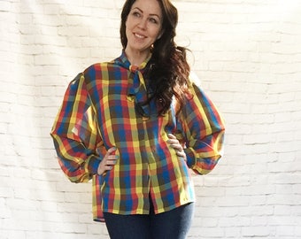 Vintage 80s Rainbow Plaid Tie Collar Poet Sleeve Blouse XXL Plus Size Semi-Sheer Barb Stranger Things 3X