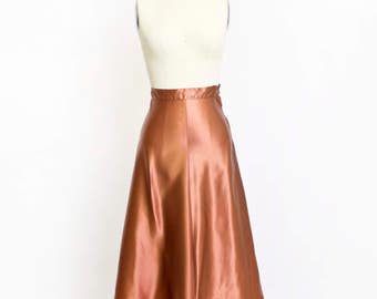 Vintage 1940s Skirt -Copper Liquid Satin A-Line High Waist 40s - XS Extra Sma