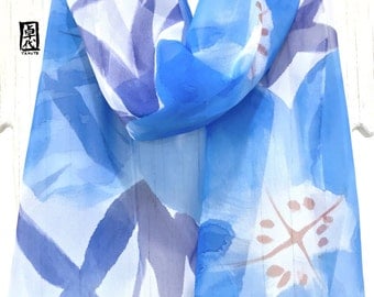 Summer Floral Scarf, Silk Summer Scarf, Scarf for Wife, Handpainted Scarf, Azure Blue Evening Primroses Scarf, 11x60 inches, Made to order