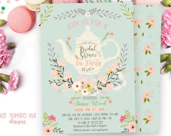 Bridal Tea- Bridal shower tea Party Invitation-Wedding shower -Tea pot invitation-Tea Invitation-Floral Invitation-Mint and Pink-Printable