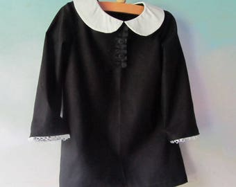 Girl's Wednesday Addams Little Black Dress, Gothic, Steampunk, Quaker: Cotton Fabric, Size 6 - 12 Months Old, Ready To Ship