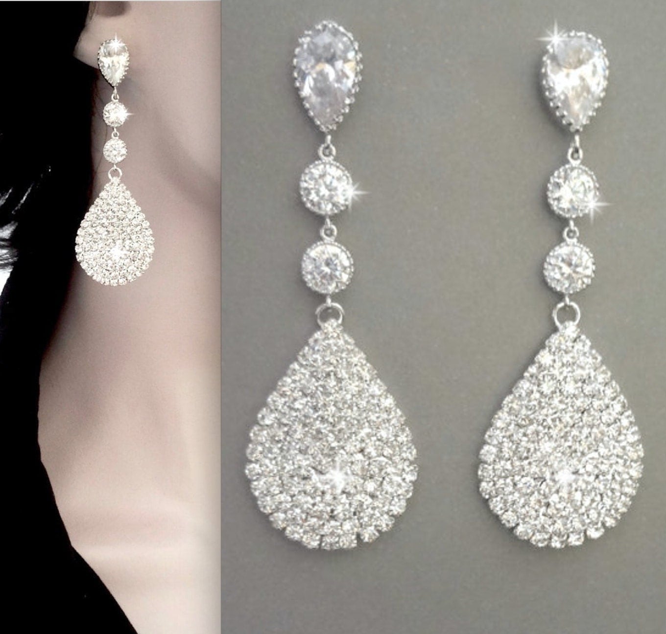 Crystal rhinestone earrings Luminous Large Long Teardrop