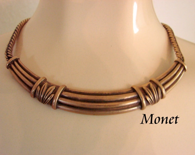 Vintage Bronze Monet Pendant Choker Necklace Designer Signed Jewelry Jewellery