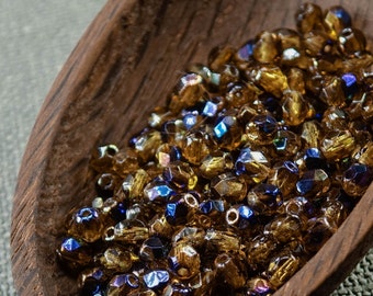Small Topaz Fire Polished Czech Glass Beads 4mm (50) Polish Faceted Round Yellow Blue last
