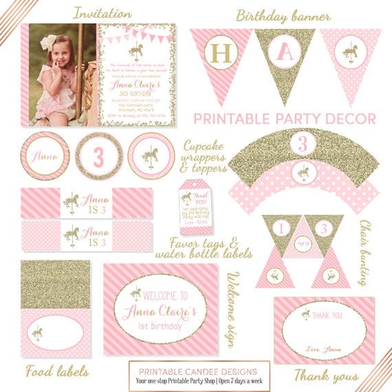 Carousel Printable Party Package, Carousel Horse Birthday Decor, Carousel Party Package, Pink Gold Glitter Decor