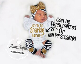 Newborn Girl Outfit, Personalized Baby Girl Take Home Outfit, Brand New Baby Coming Home, Gift Set, Leg Warmers Headband Options, Gold Black