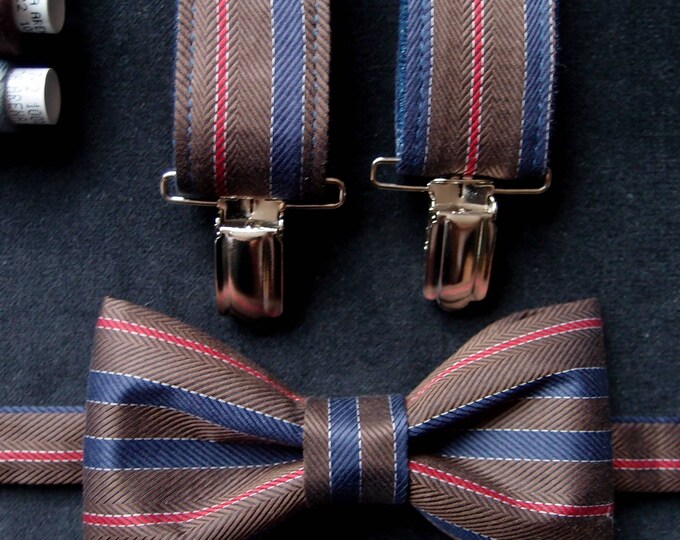 Brown Bow Tie and Suspenders Set, Brown Striped Bow Tie and Braces, Wedding Bow Tie and Suspenders, Mens Bow Tie and Matching Susupenders