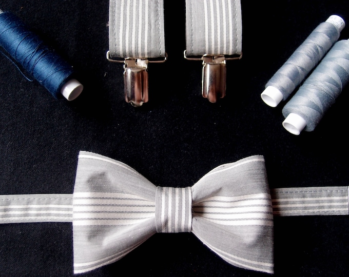 Gray Suspenders and Bow Tie Wedding Set, Grey Striped Braces and Bow Tie, Grey White Mens Bowtie and Suspenders, Classic Wedding, Men Braces