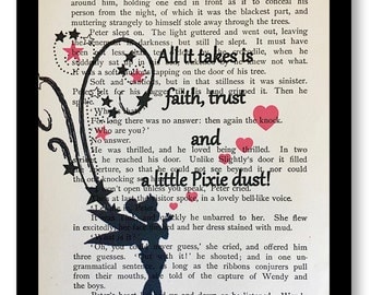 Peter Pan & Wendy Book Page-"All it Takes is Faith, Trust and a Little Pixie Dust" Tink Quotes TInkerbell Pixie Dust Print, Tinkerbell Quote