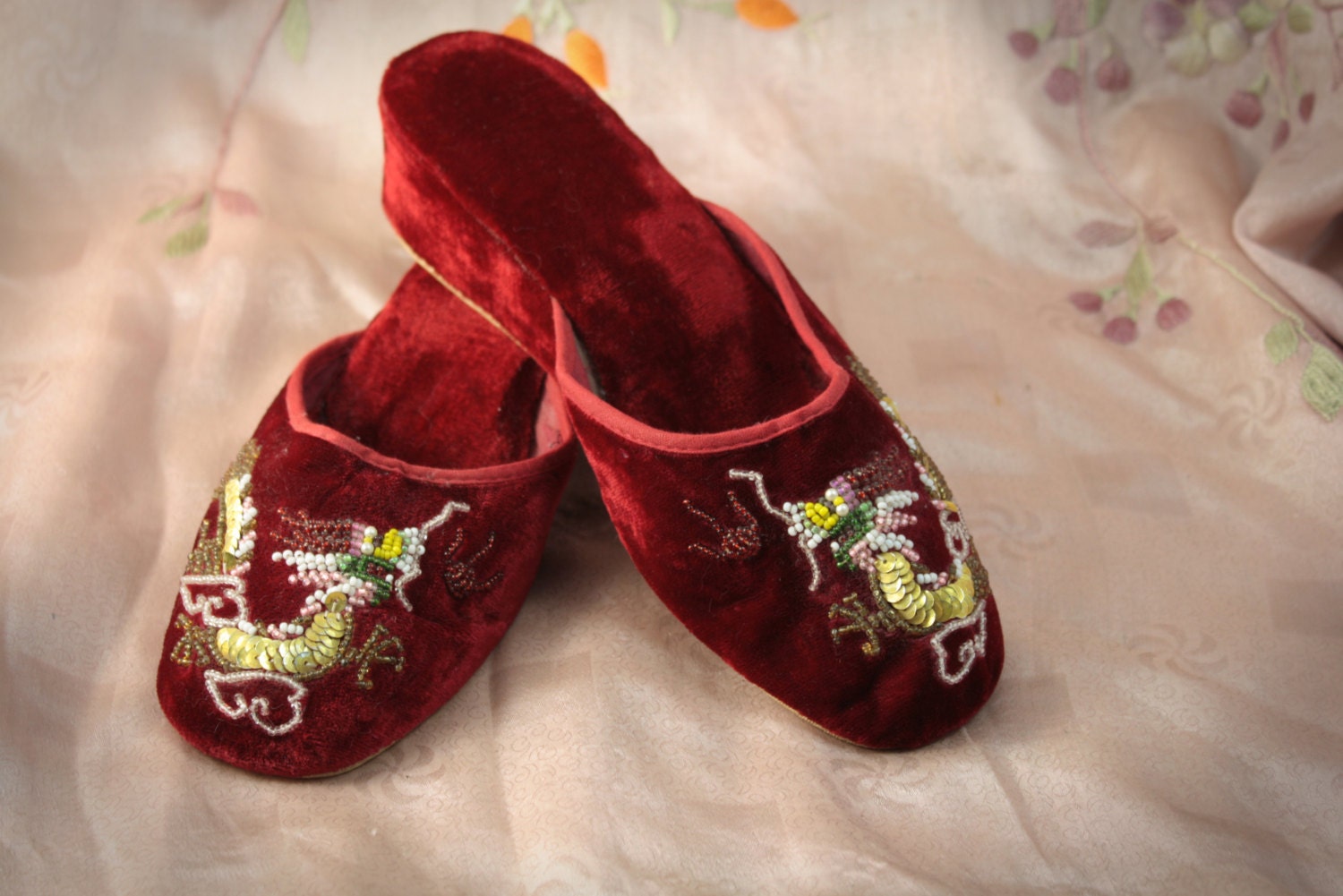 Pair Vintage Chinese VELVET Beaded DRAGON Mules Slippers
