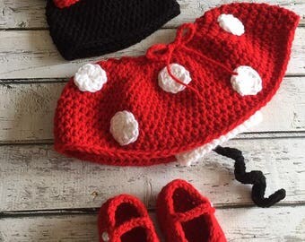 Crochet Minnie Mouse Outfit, Baby girl Halloween Costume, Newborn Photo Prop, Newborn Halloween Costume, Photo Prop, Minnie Mouse Beanie