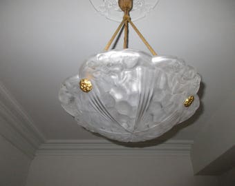 Signed Degue-1930s French Art Deco Light Fixture-White Frosted Scalloped Edge Bowl-Geometric & Floral Motifs-Great Condition-GORGEOUS DESIGN