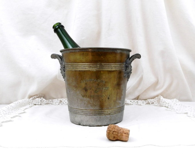 Antique French Silver Plated Copper Champagne Henri Lefévre Verzenay Ice Bucket / Cooler with 2 Grape Vine Handles, Shabby, Chic, Chateau