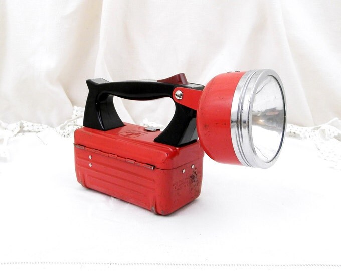 Large Vintage French Red Metal Hand Held Mazda Flashlight / Torch, Upcycled Industrial Lighting from France, Retro Sncf Light Decor