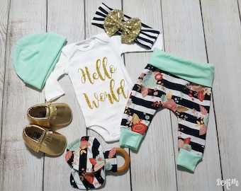 Coming Home Outfit, Baby Girl Going Home Outfit, Hello World Onesie, Newborn Baby Girl Gift Set, * 2 Purchasing Options*