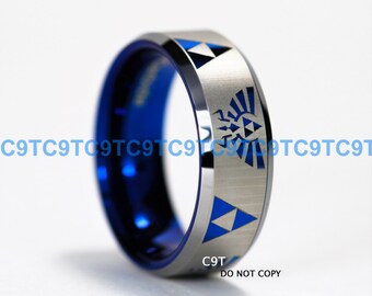 8MM Beveled Tungsten Wedding Ring, Legend of Zelda Inspired Design, Deep Ocean Blue Interior, Custom Engraved