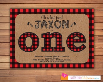 Lumberjack First Birthday Invitation - Buffalo Plaid - Red - Kraft - Wood - Ax - Boy - Choose Digital or Printed w/Envelopes