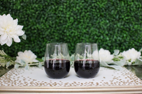 Custom Stemless Wine Glasses - (Set of TWO) His and Hers Wine Glasses