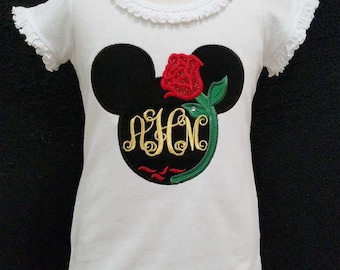 Belle's sparkle rose Mouse Head with monogram custom applique top/Disney trip ~ tons of designs/custom design made for you!!