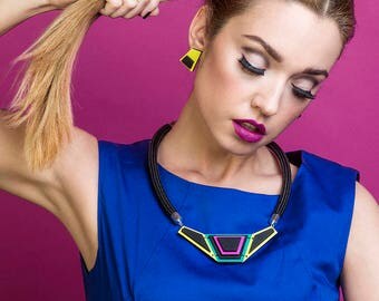 Colorblock Necklace Colorful Wooden Necklace Geometric Statement Necklace