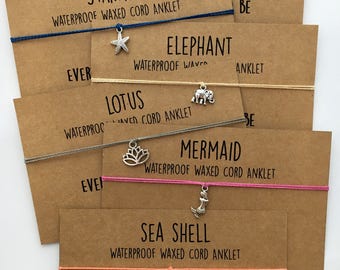 WATERPROOF ANKLET ~ Polyester Waxed Cord - Turtle Starfish Mermaid Shell Elephant Lotus Silver Charms ~Adjustable Macrame Knot ~Color & SIZE