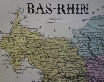1883 antique map of Bas-Rhin departement France - beautiful old hand colored print - Strasbourg Haguenau Schiltigheim vintage poster - 9x11