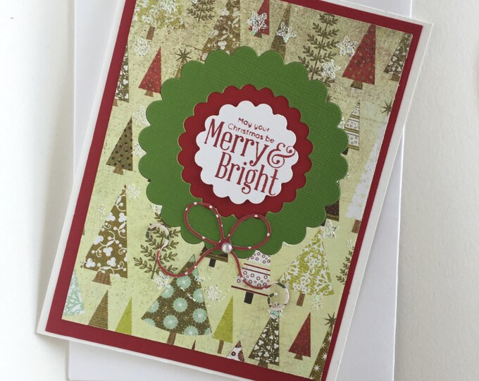 Merry Christmas Card /Christmas Card/ Holiday Card/ Christmas Wreath/Merry and Bright Christmas