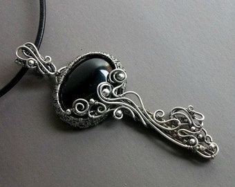 Sterling Silver Key Necklace, Black Onyx Key Pendant, Skeleton Key Necklace, Key Jewelry, Statement Necklace, Art Nouveau Key Necklace