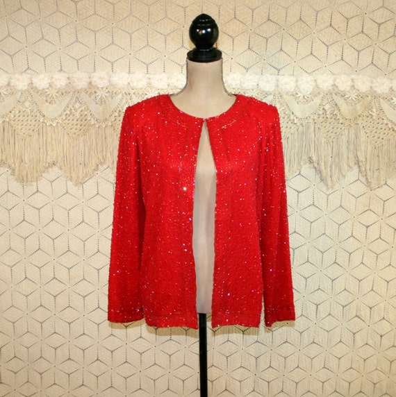 Red Beaded Cocktail  Jacket Silk Cardigan  Evening  Formal  Dressy