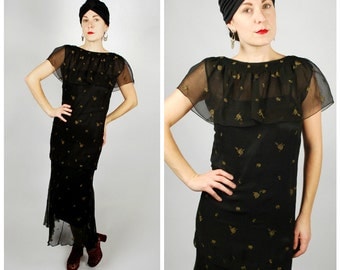 1920's Dress - 20's Black Embroidered Dress - Chiffon Flapper Dress - Size S