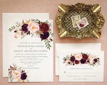 Boho Floral Wedding Invitations in Marsala and Blush