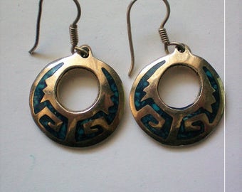 Mexican Aztec Sterling Silver Turquoise Disc Earrings - 5271