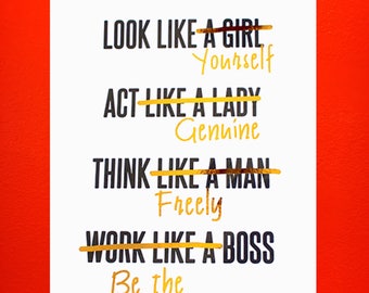 Gold Foil PRINT ONLY Feminist Girl Boss, Act like a Lady, Think Like a Man White & gold home decor, office decor, gold print