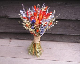 Dried Wedding Bouquet, Dried Bridal Flowers, Blue and Orange Wedding, Dry Bouquet, Dried Wedding Flowers with Tropical Protea Flowers