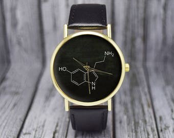 Serotonin Molecule | Hormone Molecules | Science | Leather Watch | Women's Watch | Men's Watch | Birthday | Wedding | Gift Ideas | Geekery