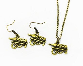 Wine Dangling Earrings, Wine Necklace, Antique Bronze Charm, Jewelries Set, Bronze, Miniature Pendant, Mini Daily Life